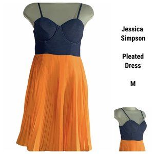 Jessica Simpson M Chambray Denim Pleated Dress Sweetheart Neckline Orange Blue
…